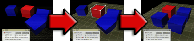 sequence of three screenshots in which three blue cubes are aligned with a red cube in 3D using the CAGE